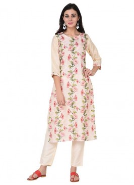 Cream Color Georgette And Crepe Kurti With Bottom