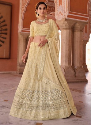 Cream Color Georgette Thread Embroidered Lehenga