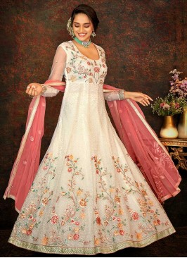 Cream Color Net Embroidered Anarkali Suit
