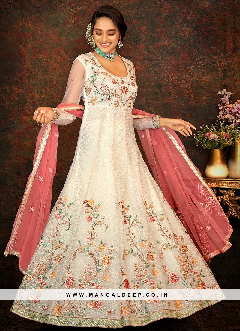 Cream Color Net Embroidered Anarkali Suit