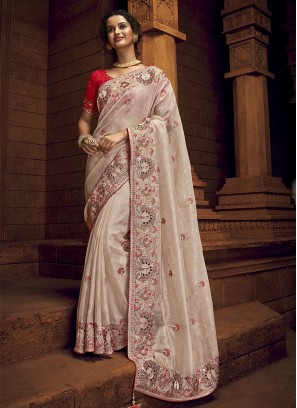 Cream Color Organza Wedding Wear Saree