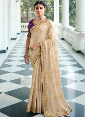 Cream Color Satin Chiffon Bold Saree