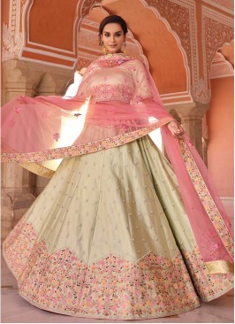 Cream Color Satin Embroidered Lehenga Choli