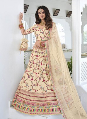 Cream Color Silk Embroidered Lehenga For Merrige