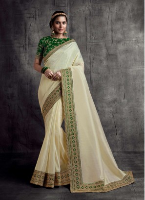 Cream Color Silk Lace Border Saree