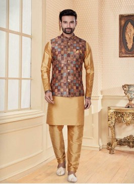Cream Color Silk Mens Kurta With Jacket