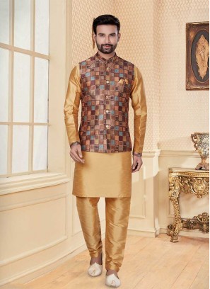Cream Color Silk Mens Kurta With Jacket