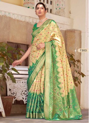 Cream Color Silk Party Wear Saree