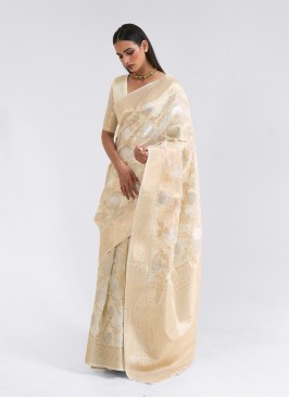 Cream Color Thread Work Linen Saree