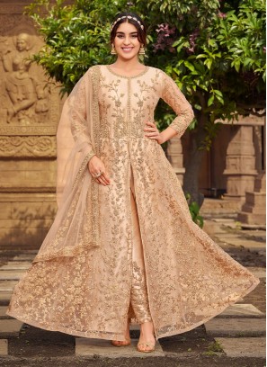 Cream Embroidered Floor Length Designer Suit