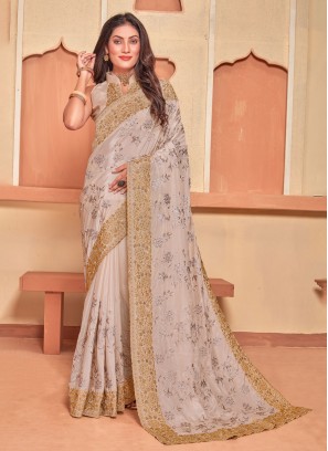 Cream Embroidered Party Saree