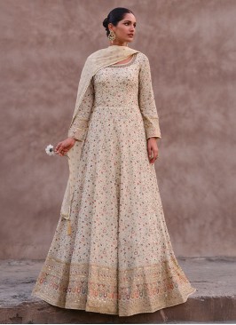 Cream Embroidered Reception Floor Length Gown