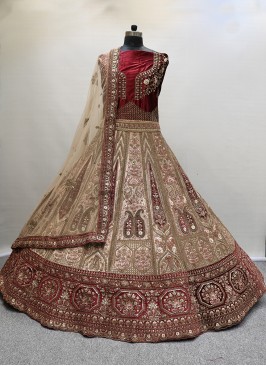 Cream Embroidered Velvet A Line Lehenga Choli