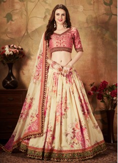 Cream Floral Print Lehenga Choli