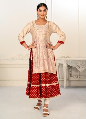 Cream Foil Print Ceremonial Designer Kurti