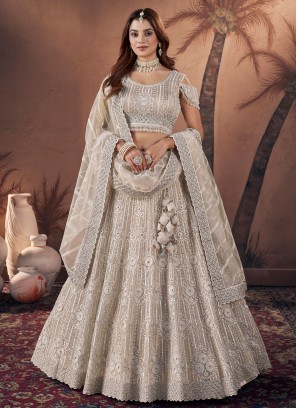 Cream Georgette A Line Lehenga Choli