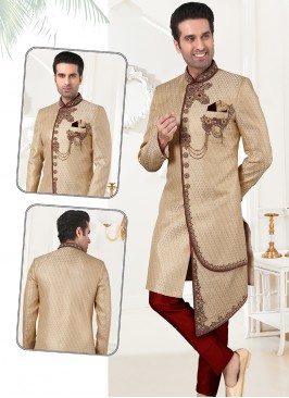 Phone Jaquard Sherwani with Marron Art Silk Trouse