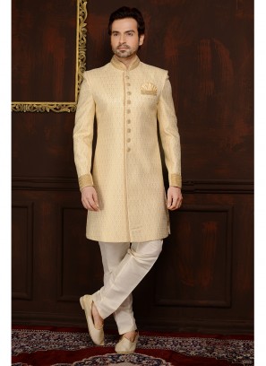 Cream Jaquard Silk Brocade Engagement Sherwani