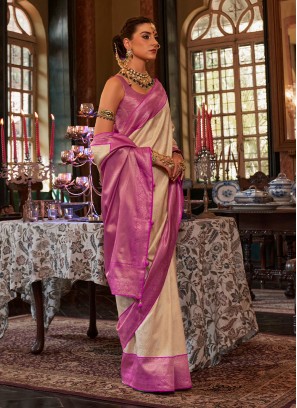 Cream Kanjivaram Silk Weaving Trendy Saree