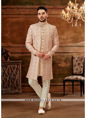 Cream & Maroon Navabi Indo Western Embroidered Art Banarasi Silk Sherwani with Art Silk Aligadhi Bottom.