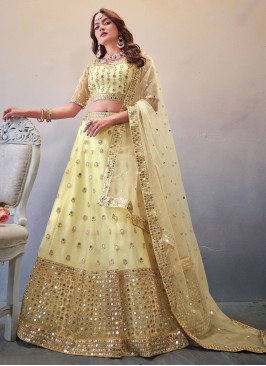 Cream Net Engagement A Line Lehenga Choli