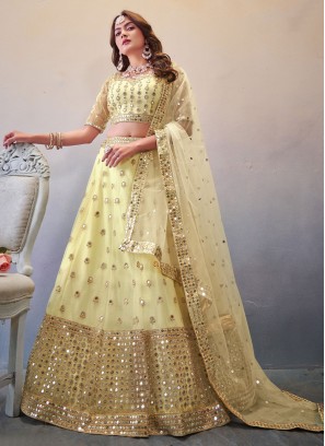 Cream Net Engagement A Line Lehenga Choli