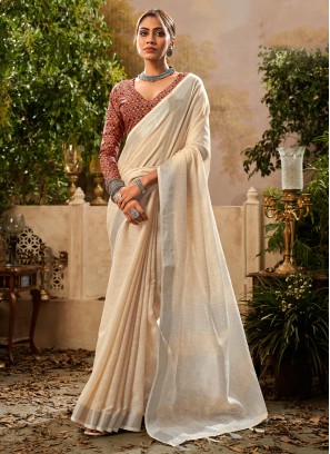 Cream Party Khadi Contemporary Saree