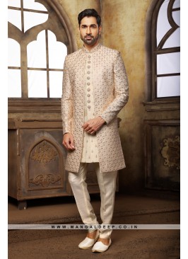 Cream & Peach Navabi Indo Western Embroidered Art 