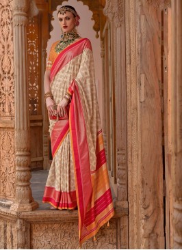 Cream Printed Classic Saree