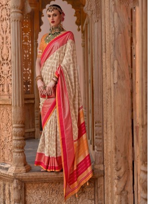 Cream Printed Classic Saree