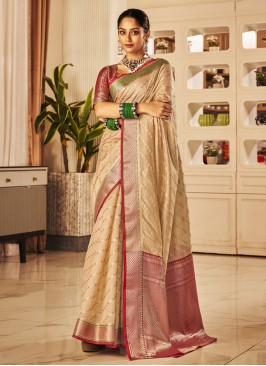 Cream Weaving Ceremonial Trendy Saree