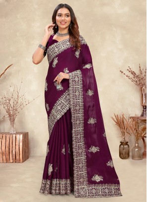 Crepe Silk Cord Wine Designer Saree