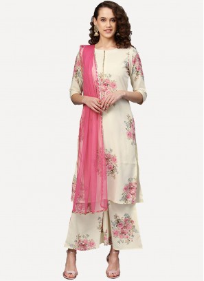 Crepe Silk Digital Print Readymade Salwar Kameez in Off White