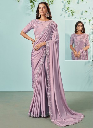 Crepe Silk Embroidered Classic Saree in Lavender