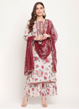 Crepe Silk Off White Printed Readymade Salwar Suit