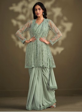 Crepe Silk Sequins Sea Green Saree