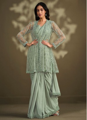 Crepe Silk Sequins Sea Green Saree