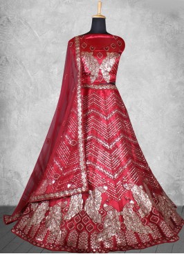 Crimson Bridal Satin Silk Lehenga Choli