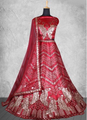 Crimson Bridal Satin Silk Lehenga Choli
