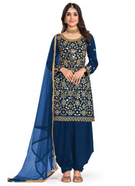 Customary Blue Mirror Silk Patiala Salwar Kameez
