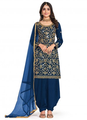 Customary Blue Mirror Silk Patiala Salwar Kameez