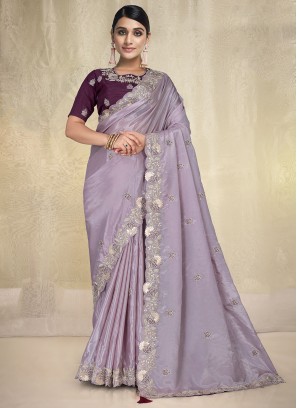 Customary Embroidered Crepe Silk Lavender Classic Saree