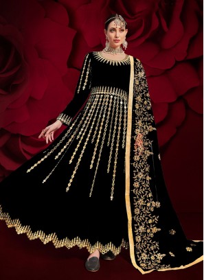 Customary Embroidered Faux Georgette Black Floor Length Anarkali Suit