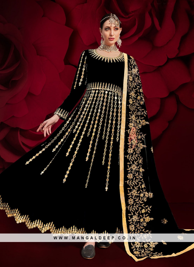 Customary Embroidered Faux Georgette Black Floor Length Anarkali Suit