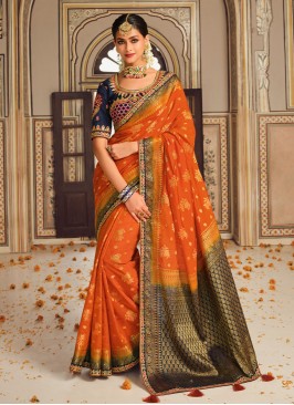 Customary Fancy Fabric Orange Border Classic Saree