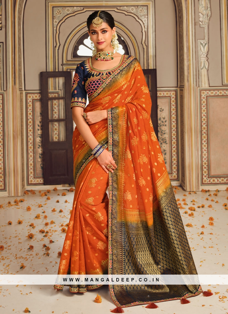Customary Fancy Fabric Orange Border Classic Saree