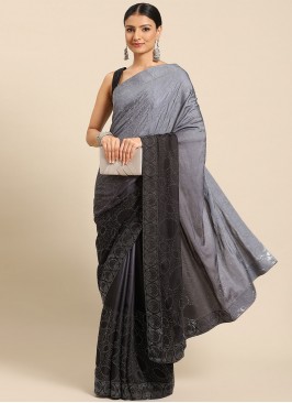 Customary Floral Print Satin Grey Contemporary Style Saree