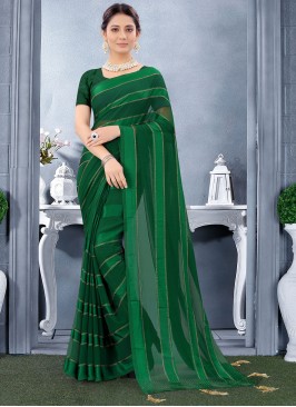 Customary Georgette Satin Stone Work Green Trendy Saree