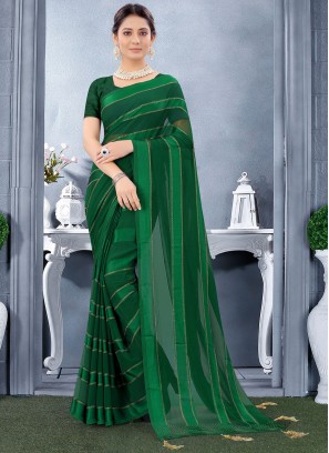 Customary Georgette Satin Stone Work Green Trendy Saree