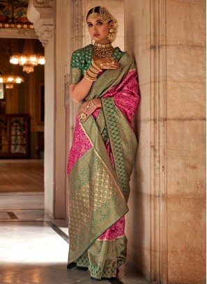 Customary Green and Pink Banarasi Silk Contemporary Saree